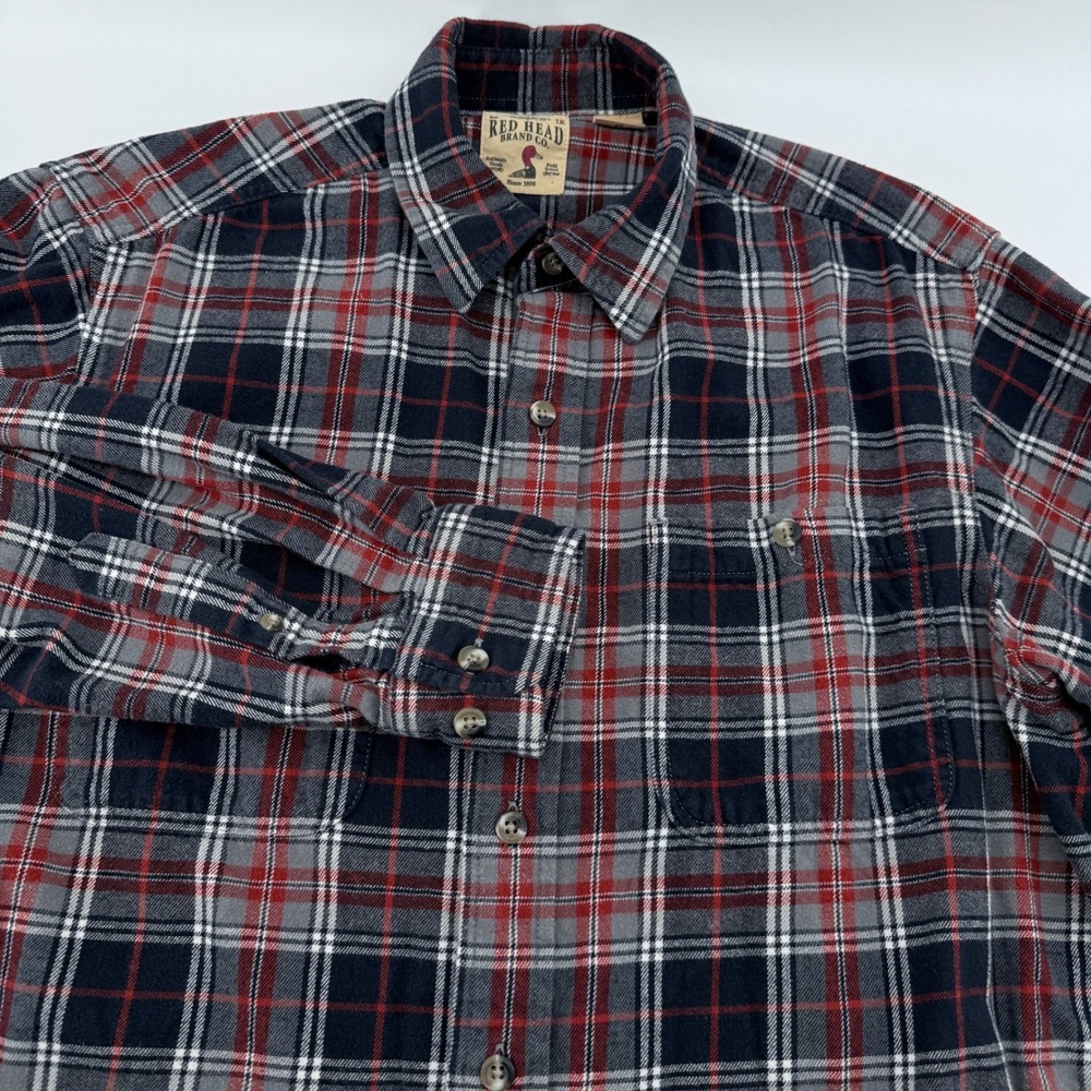 Redhead Brand Co Plaid Flannel Shirt Mens L Red Navy Blue Long Sleeve